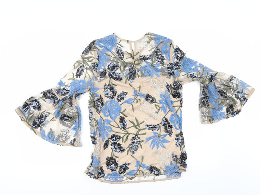 Marks and Spencer Womens Beige Floral Tunic Blouse Size 10 - flared sleeves