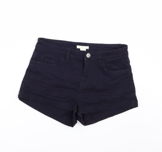 Additional front view of H&M women’s blue hot pants shorts, size UK 4
