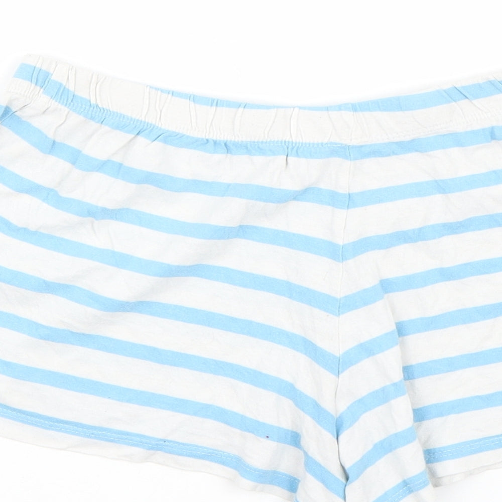 Brand and care label for ASOS women’s blue striped sweat shorts, size UK 8