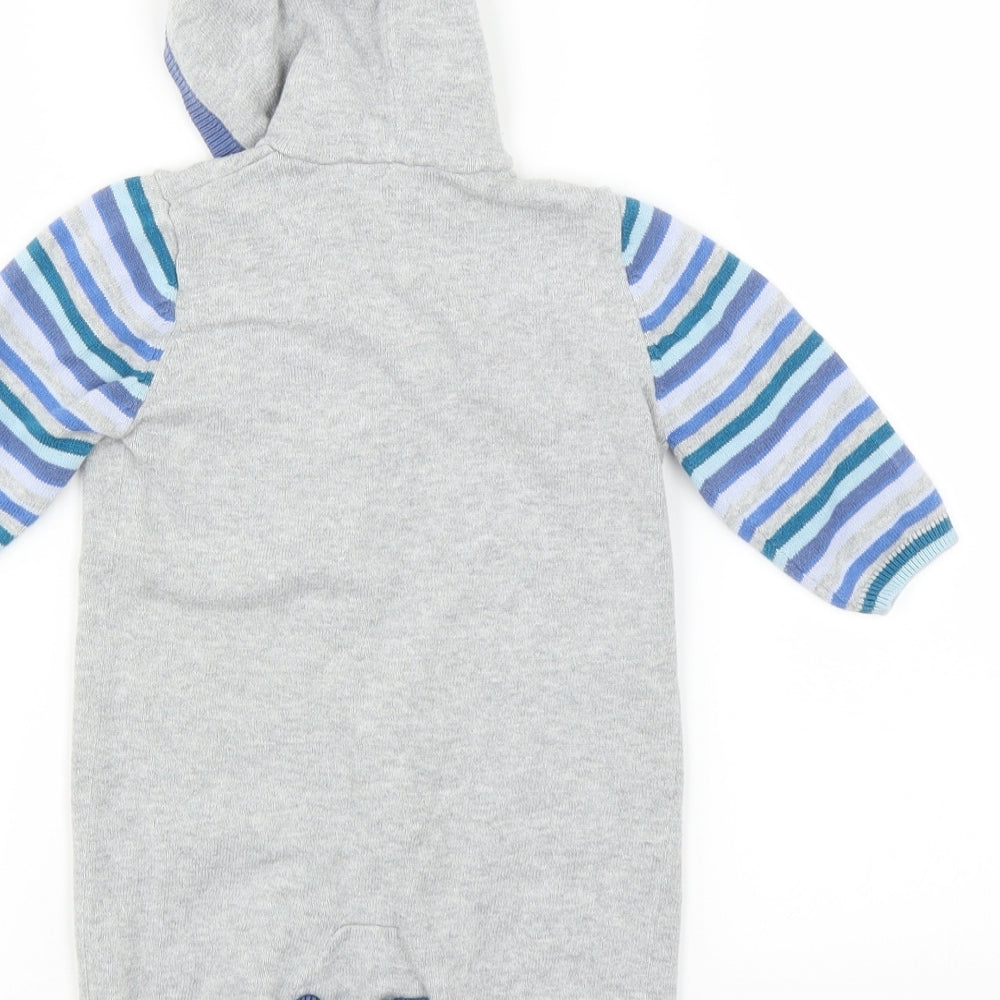 Brand and care label for Marks & Spencer boys’ grey babygrow one-piece, size 0-3, months