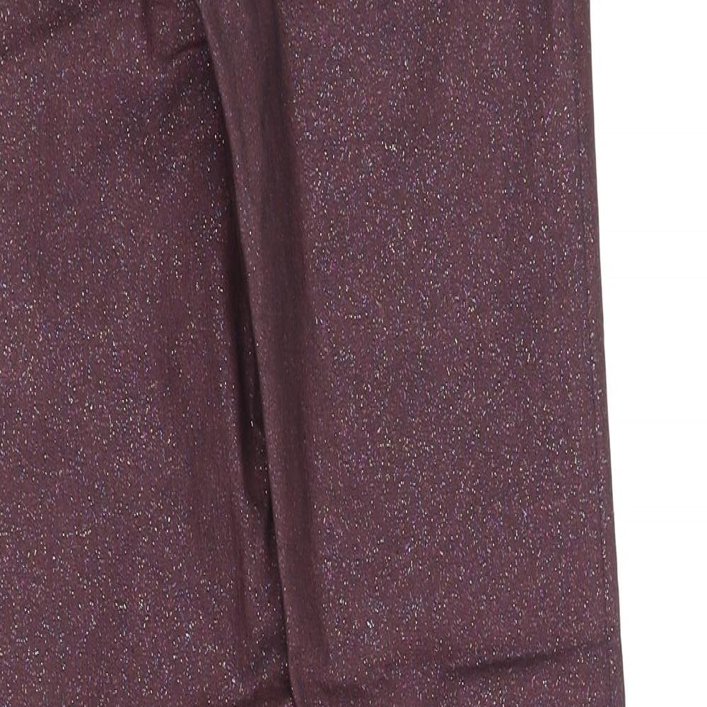 Brand and care label for skinny women’s purple trousers, size UK 8, 32-inch leg