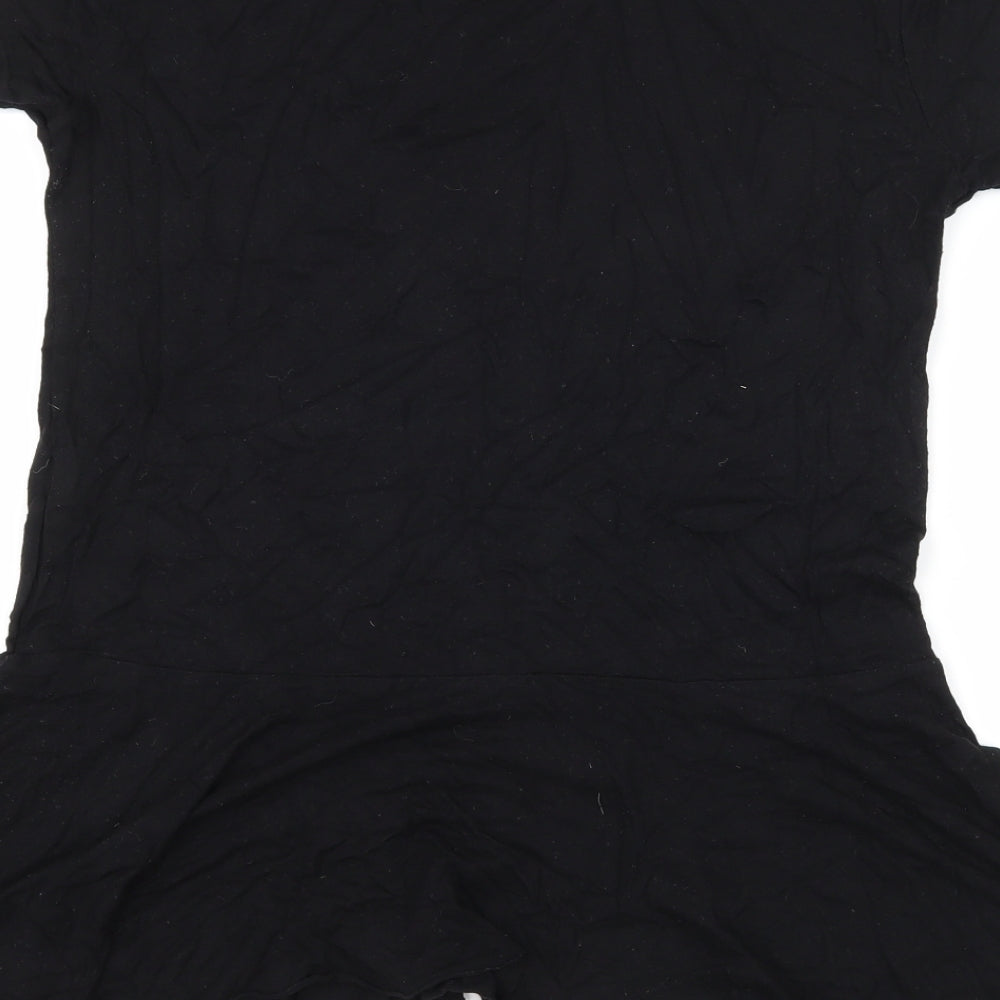 Brand and care label for Miss Faceless women’s black jersey basic t-shirt, size M