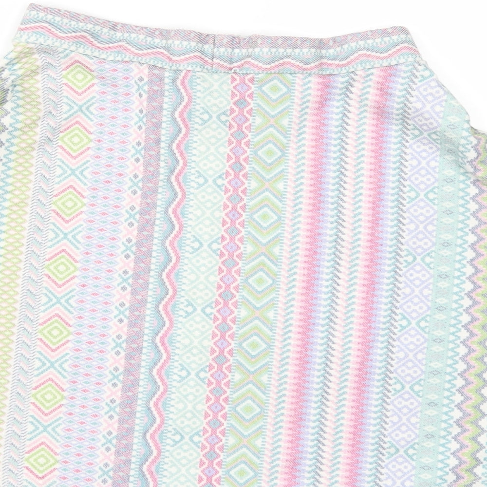 Brand and care label for River Island women’s multicoloured geometric skater skirt, size UK 6