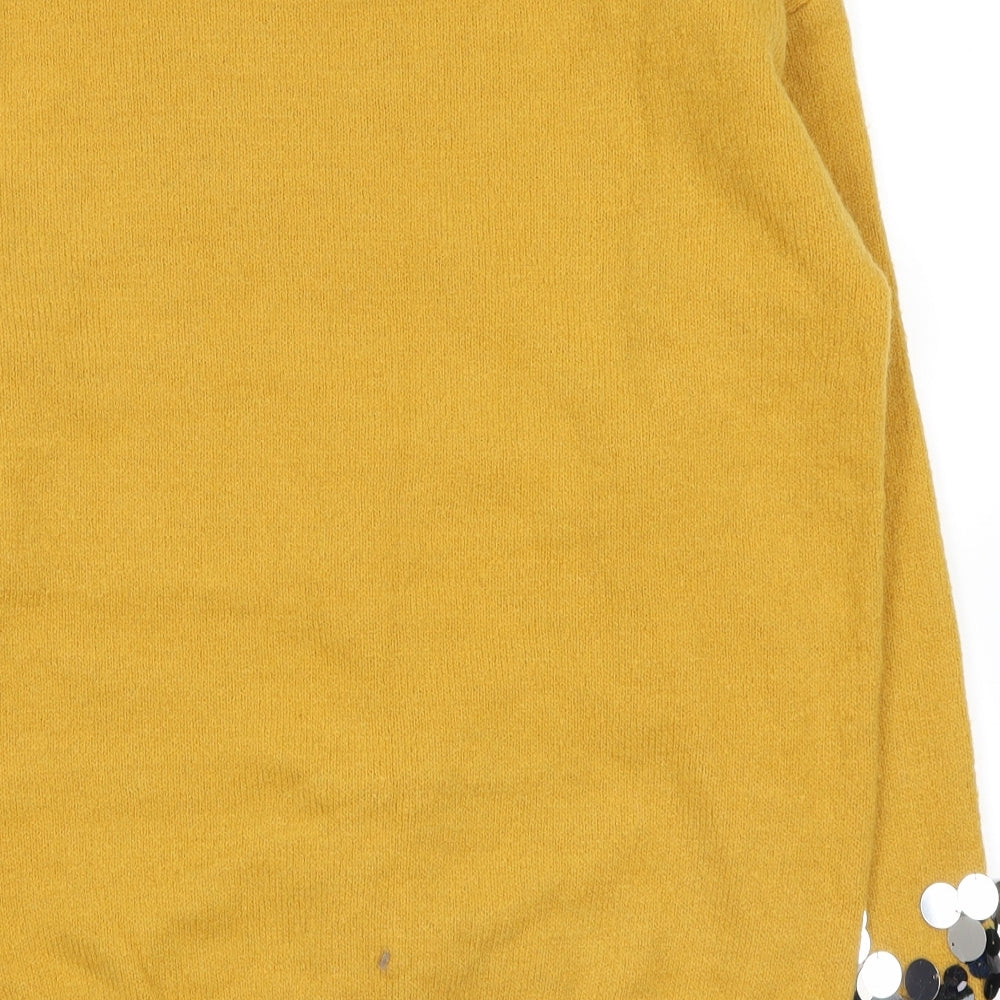 Brand and care label for Blue Vanilla women’s yellow jumper, size S