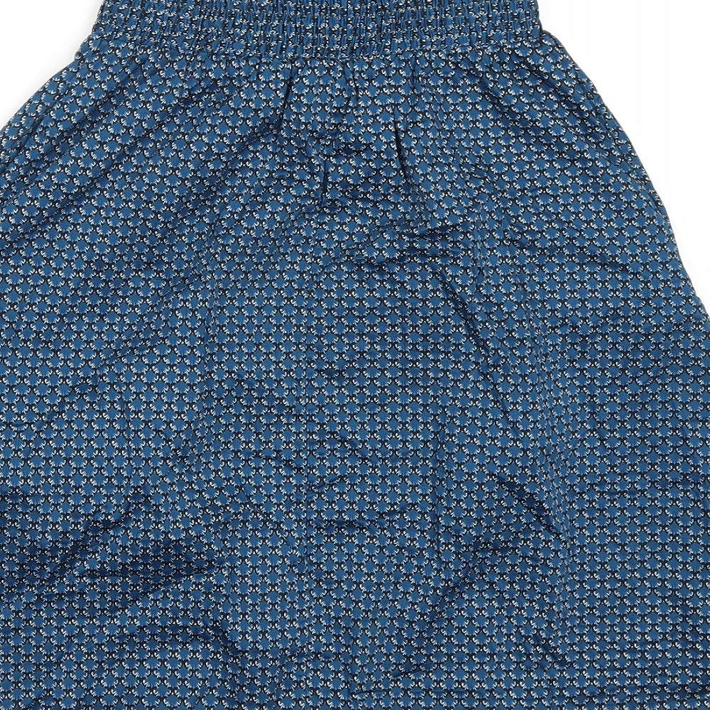 Brand and care label for H&M women’s blue geometric a-line skirt, size UK 6