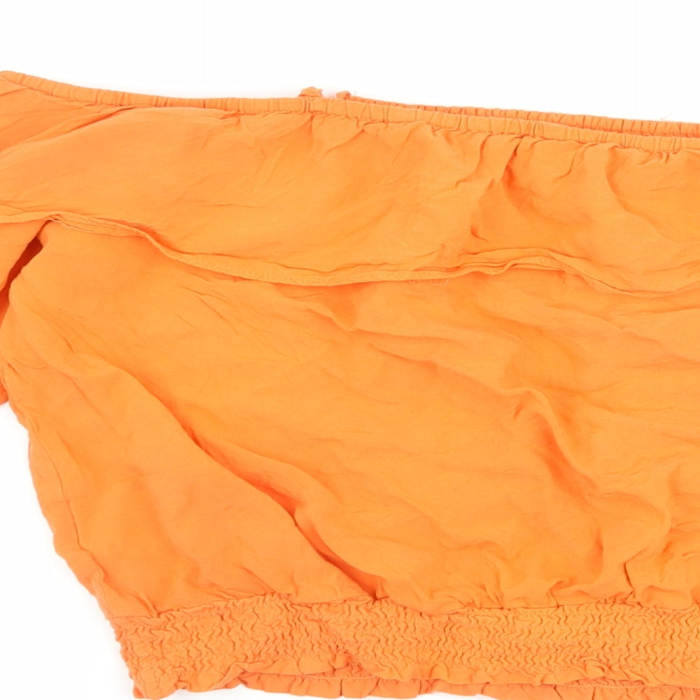 Brand and care label for H&M girls’ orange basic t-shirt, size 14, years - cut out shoulder