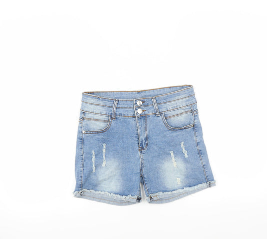 Additional front view of Preworn women’s blue denim hot pants shorts, size UK 6, - distressed