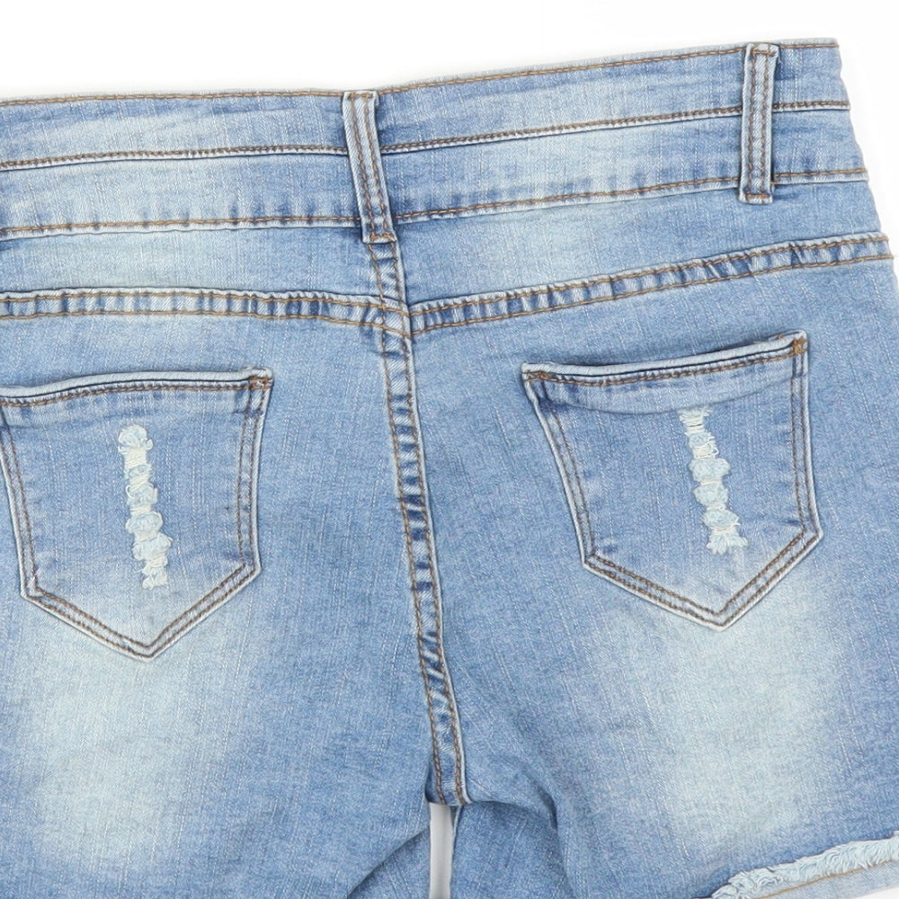 Brand and care label for Preworn women’s blue denim hot pants shorts, size UK 6, - distressed