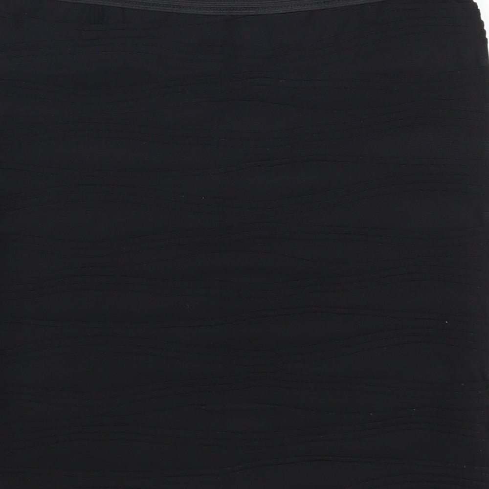 Brand and care label for Internationale women’s black mini skirt, size UK 10, - textured