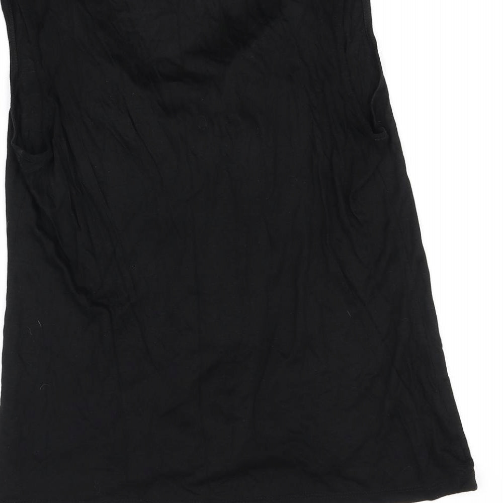 Brand and care label for H&M women’s black basic blouse, size M