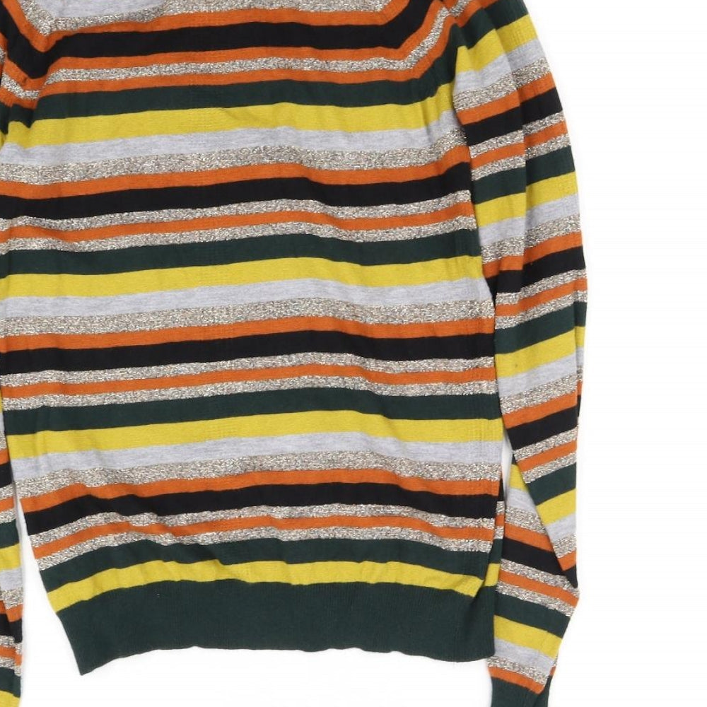 Brand and care label for Next women’s multicoloured striped cape jumper, size UK 10