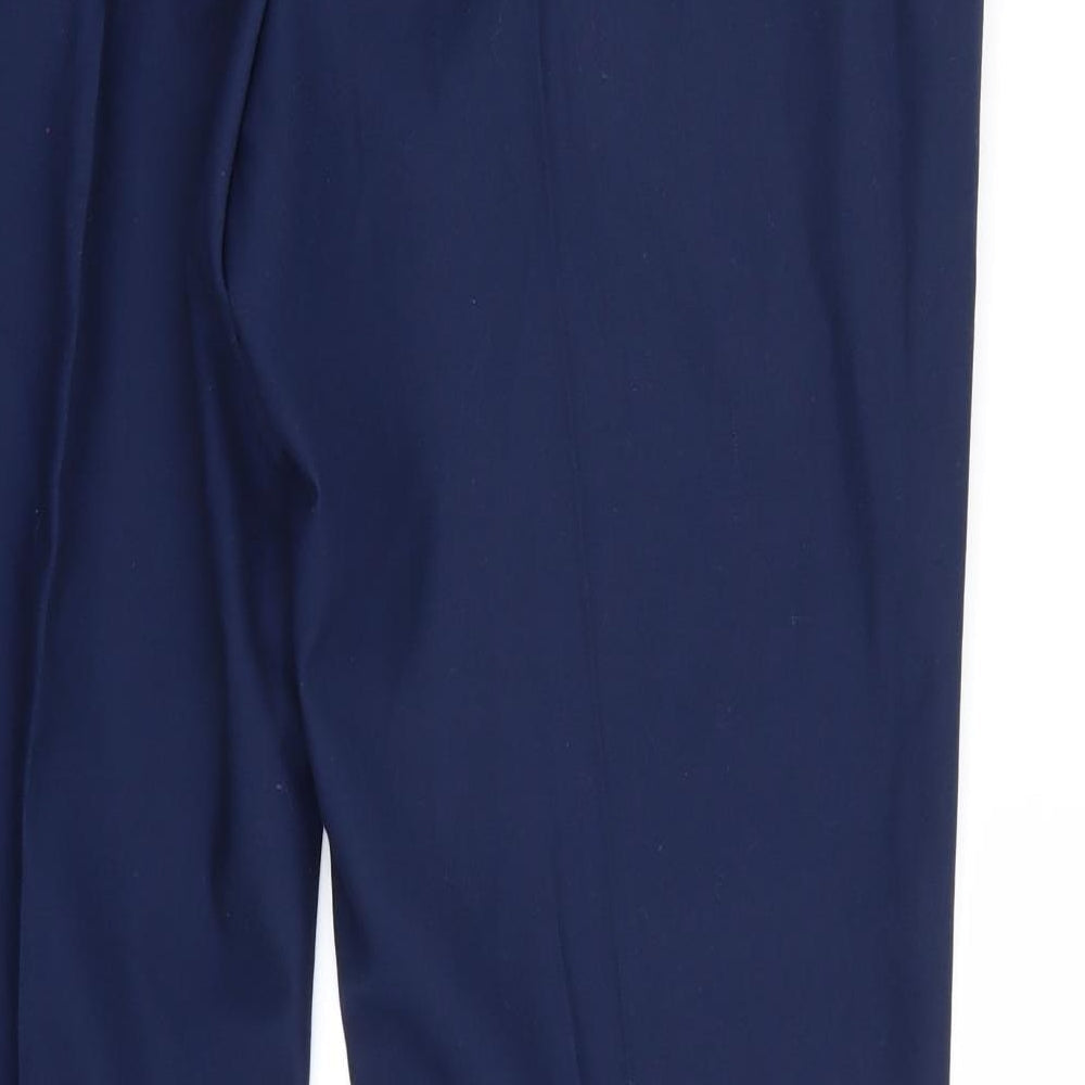 Brand and care label for Garnitex men’s blue trousers, size 32, 33-inch leg