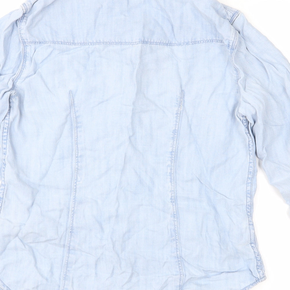 Brand and care label for Gap women’s blue denim basic button-up, size UK 6
