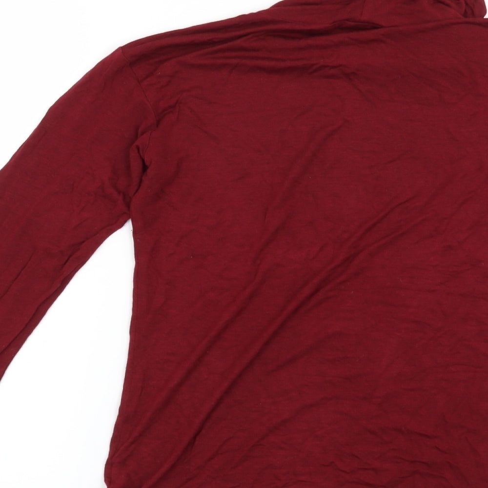 Brand and care label for Oui women’s red pullover sweatshirt, size S