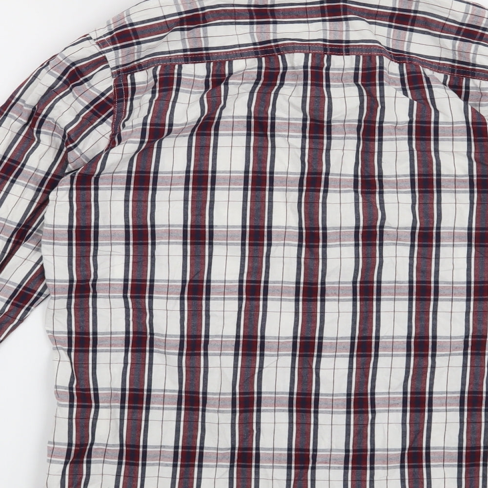 Brand and care label for Preworn men’s white check button-up, size XS