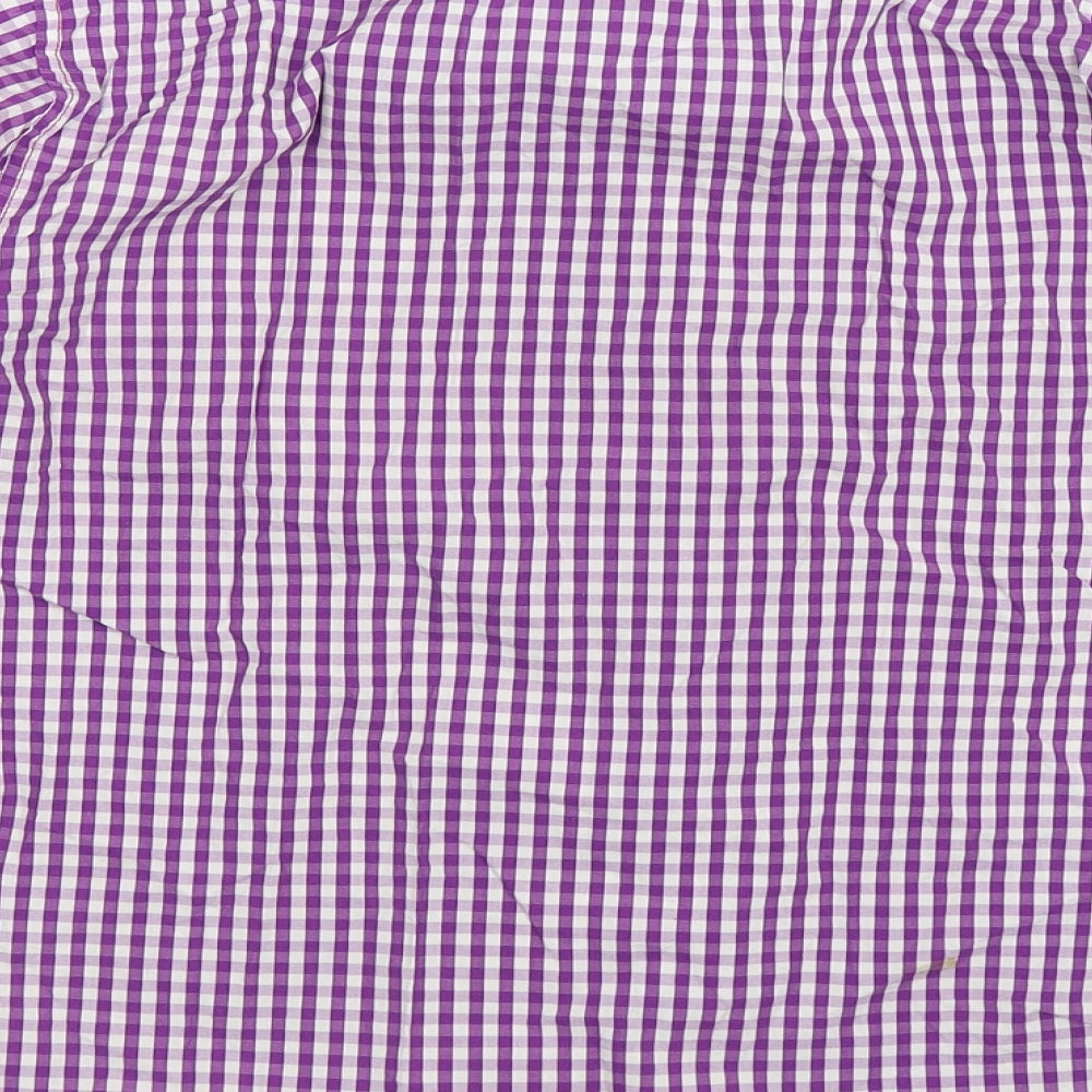 Brand and care label for American Eagle Outfitters men’s purple check button-up, size L