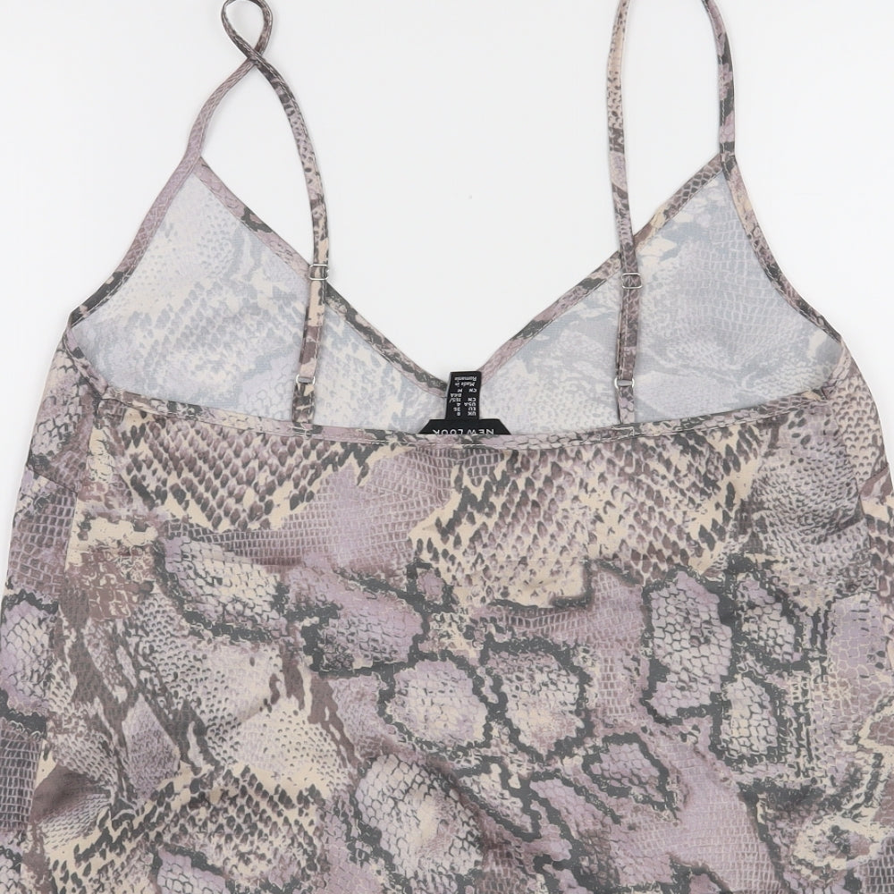 Brand and care label for New Look women’s purple animal print cropped tank, size UK 8