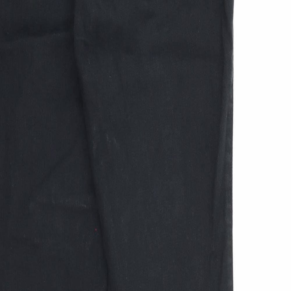 Brand and care label for Sisley men’s black denim skinny jeans, 30-inch leg