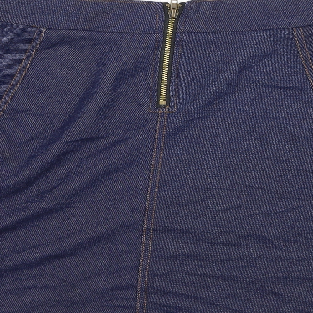 Brand and care label for H&M women’s blue a-line skirt, size S