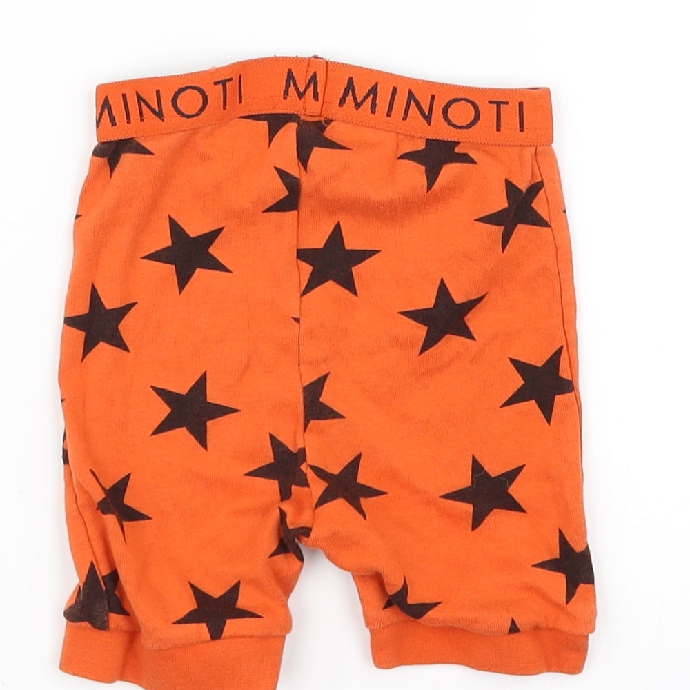 Brand and care label for Minoti boys’ orange sweat shorts, size 2-3, years
