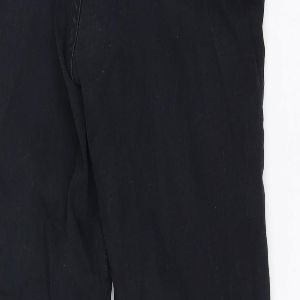 Brand and care label for Topshop women’s black straight jeans, size UK 8, 28-inch leg