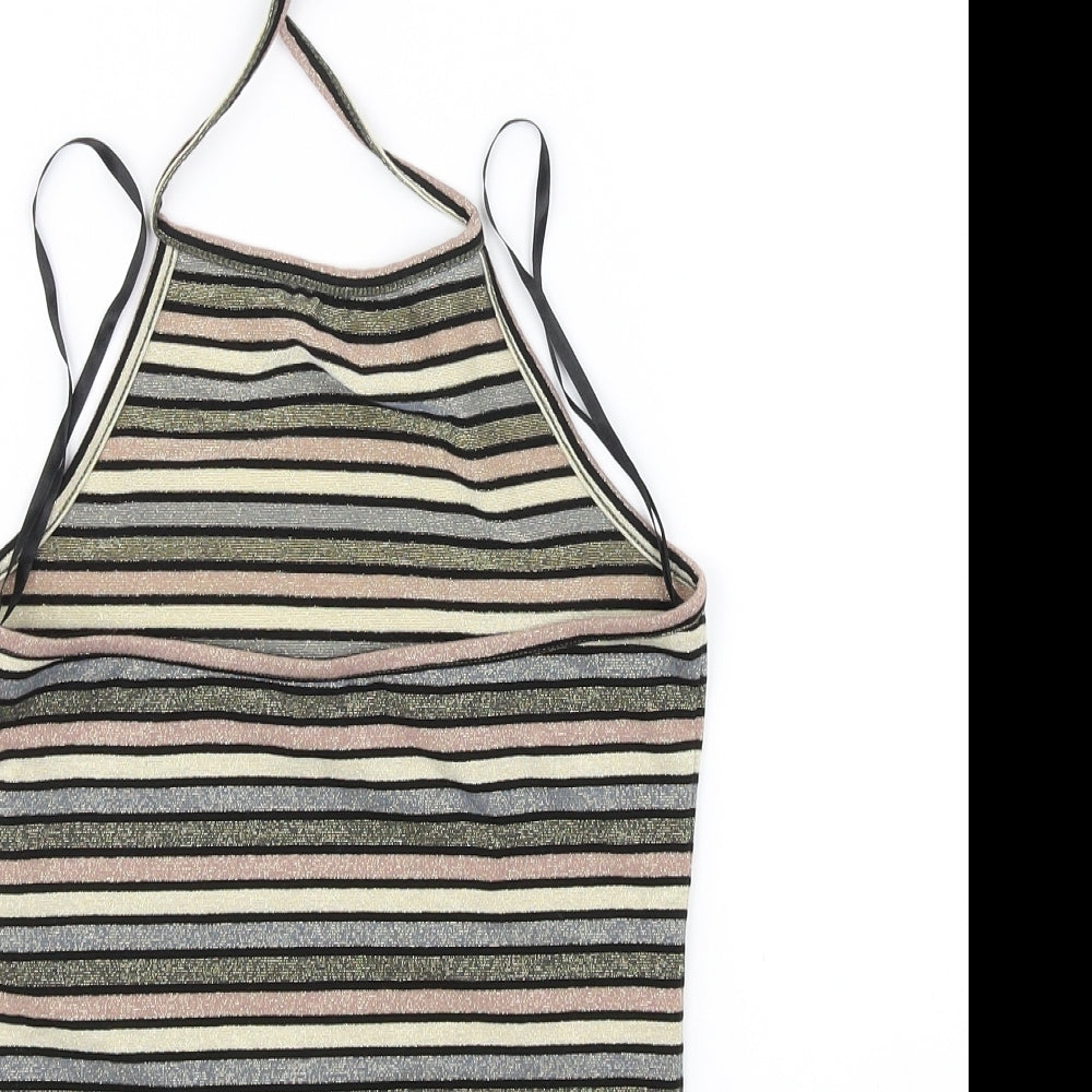 Brand and care label for Topshop women’s pink striped basic t-shirt, size UK 12