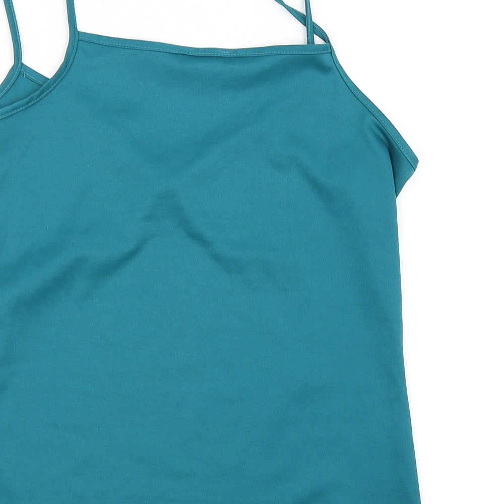 Brand and care label for Preworn women’s green basic t-shirt, size UK 10