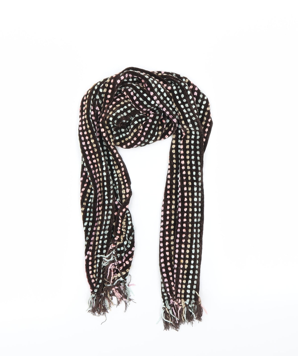 Front view of Preworn women’s brown polka dot scarf
