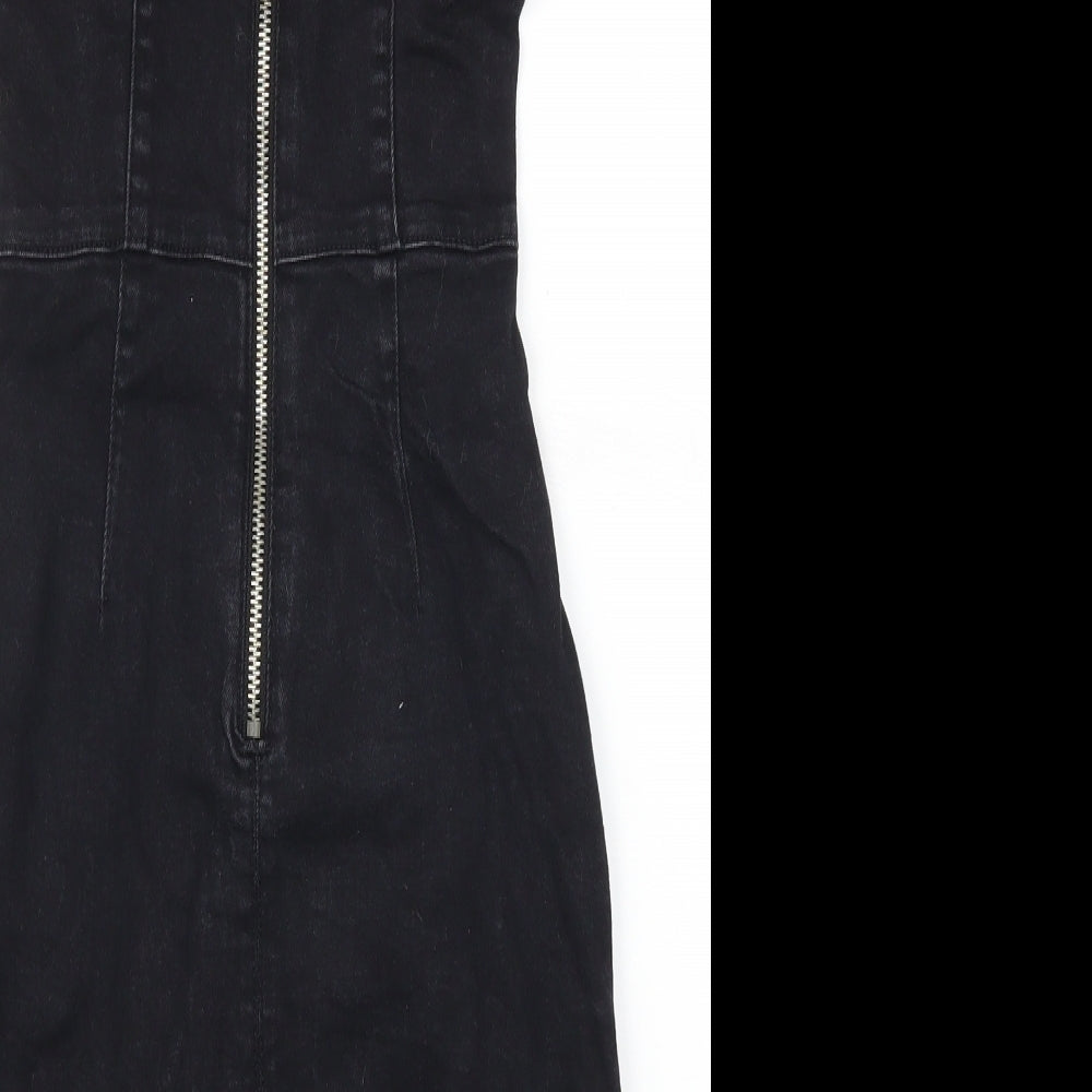 Brand and care label for Denim Co women’s black denim mini, size UK 4