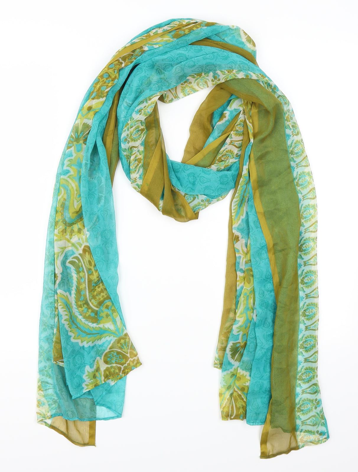 Front view of Preworn women’s blue geometric scarf