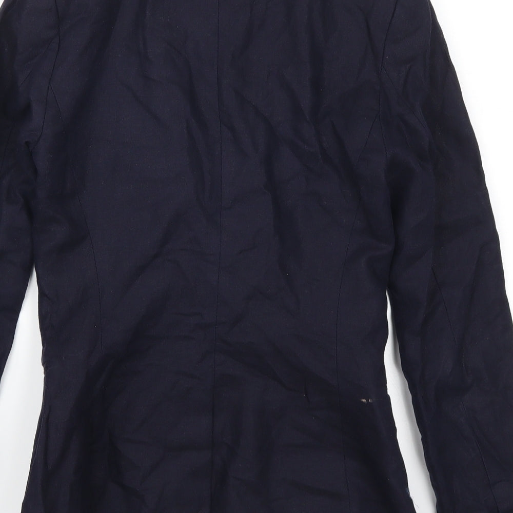 Brand and care label for H&M women’s blue jacket suit jacket, size UK 4