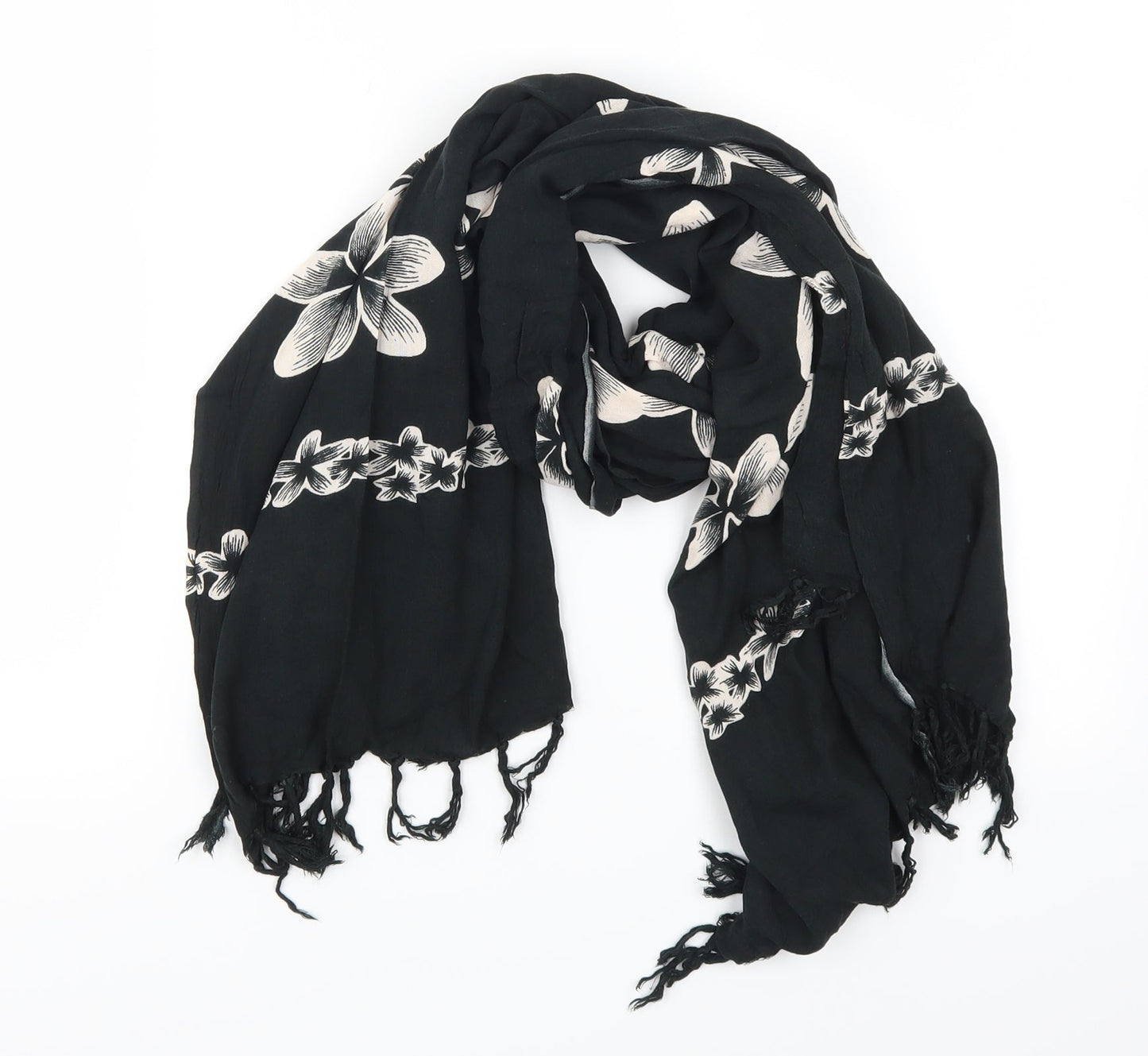 Front view of Preworn women’s black floral scarf