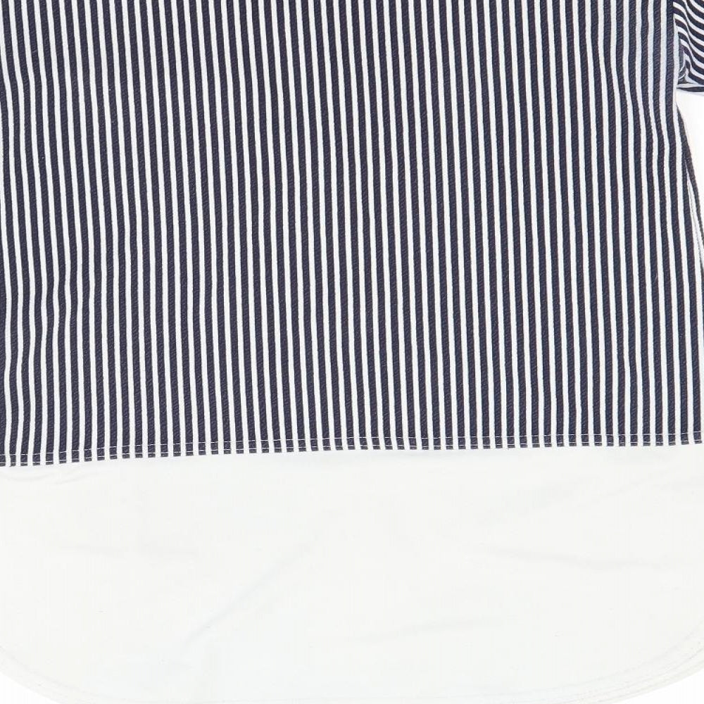 Brand and care label for Blue Vanilla women’s blue striped pullover sweatshirt, size UK 8