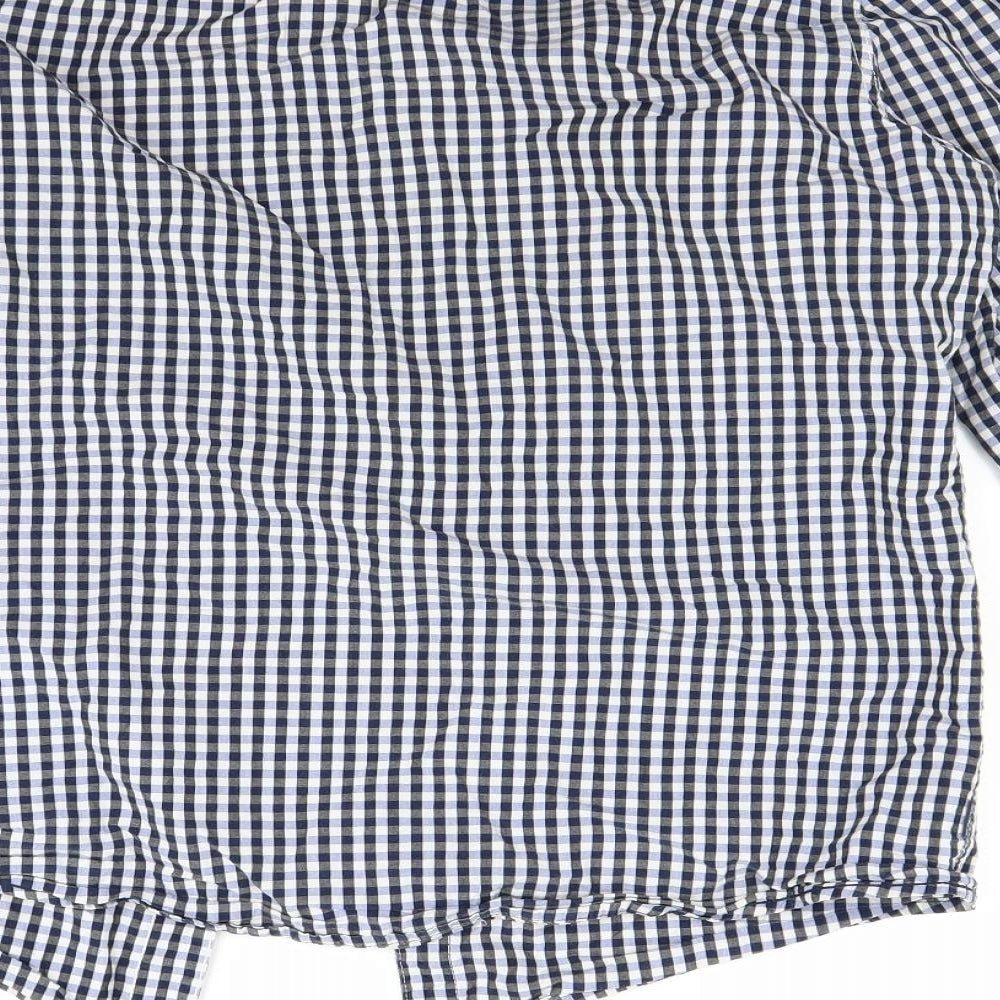Brand and care label for Diverse men’s blue check button-up, size M