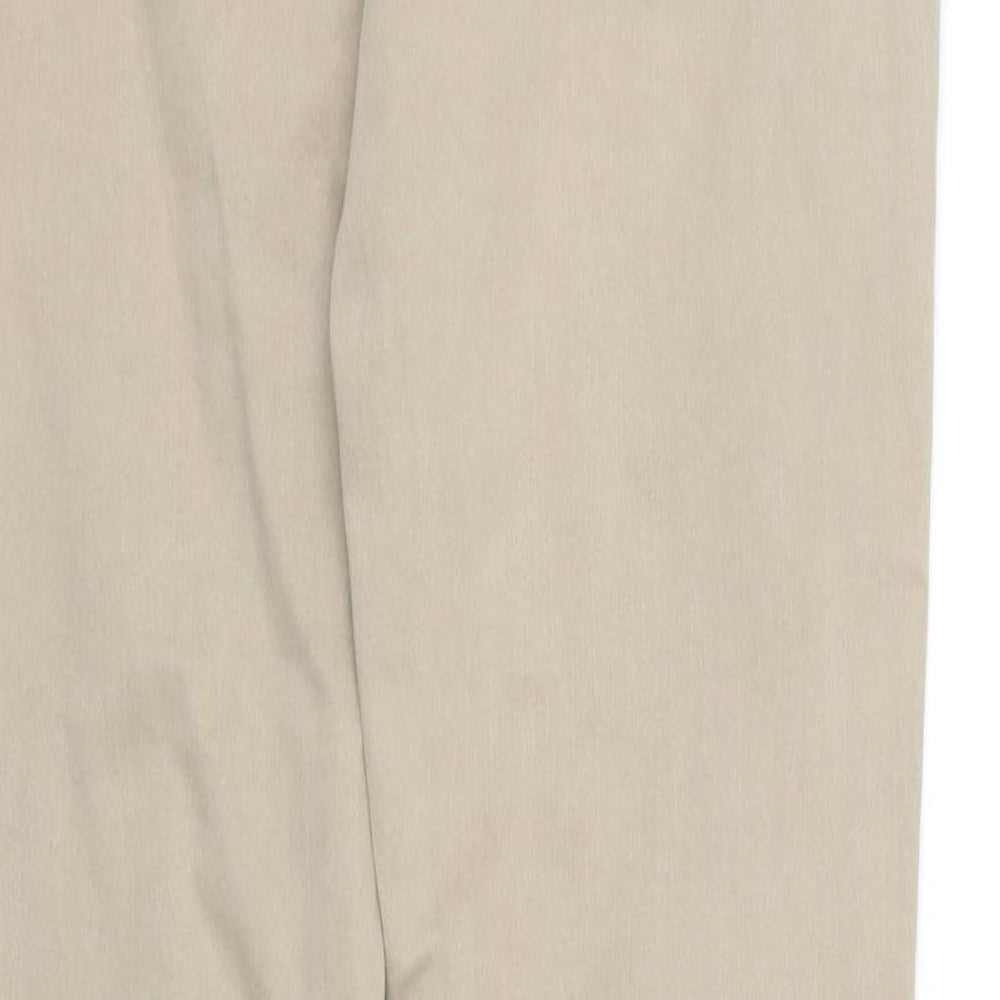 Brand and care label for pre worn women’s beige trousers, size M, 34-inch leg