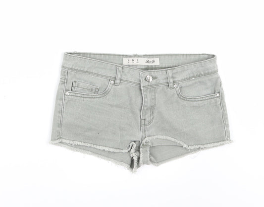 Additional front view of Denim & Co. women’s green denim cut-off shorts, size UK 6