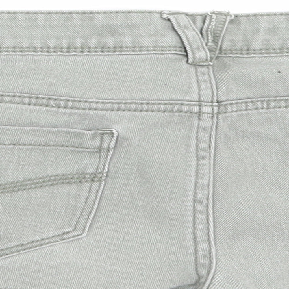 Brand and care label for Denim & Co. women’s green denim cut-off shorts, size UK 6