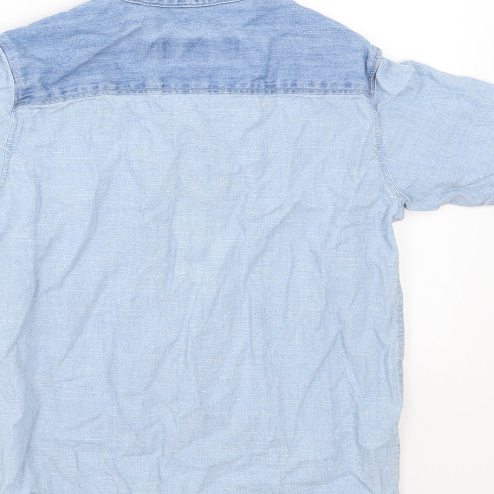 Brand and care label for River Island boys’ blue denim basic button-up, size 6, years