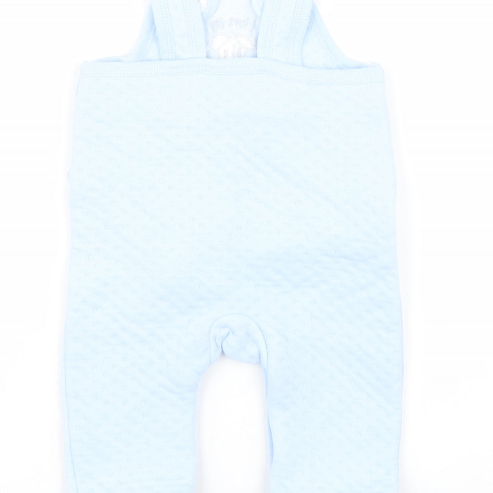 Brand and care label for JUST TOO CUTE boys’ blue babygrow one-piece, size 3-6, months