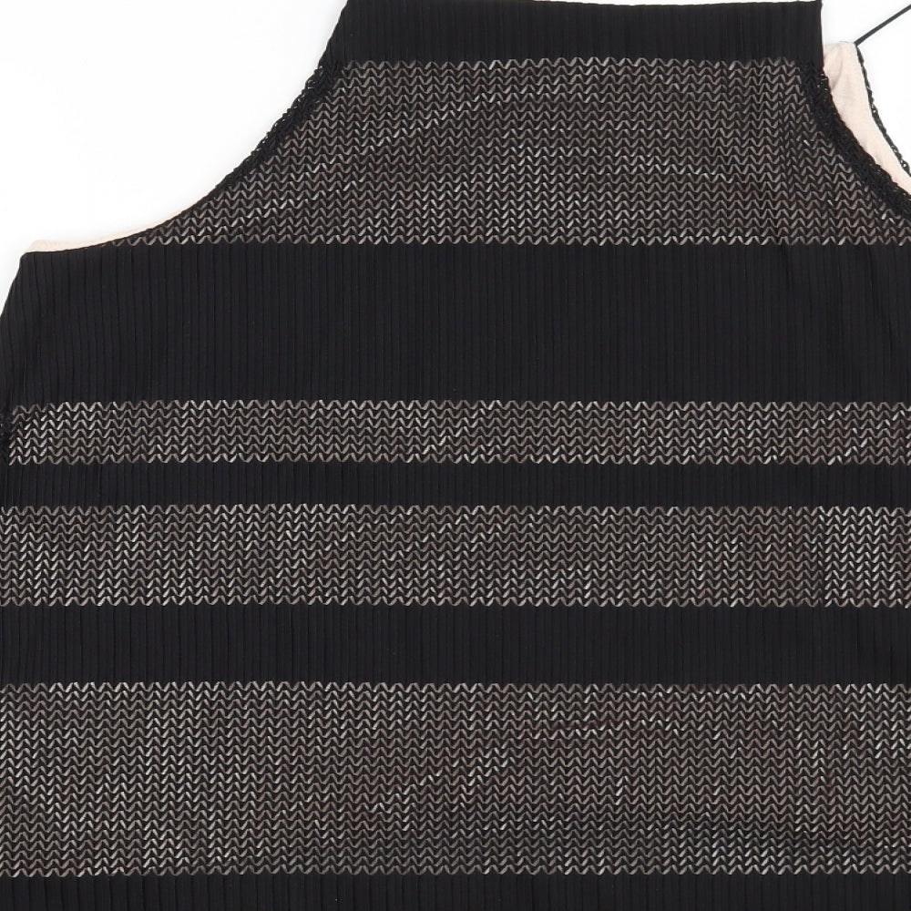 Brand and care label for Warehouse women’s black striped basic blouse, size UK 12