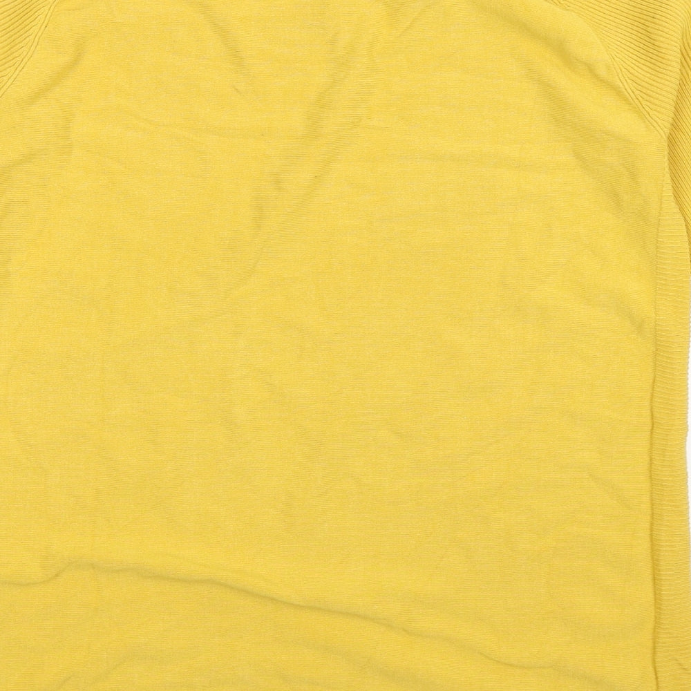 Brand and care label for Soon women’s yellow knit jumper, size M