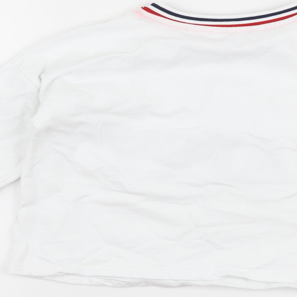 Brand and care label for George boys’ white pullover sweatshirt, size 8-9, years - happy