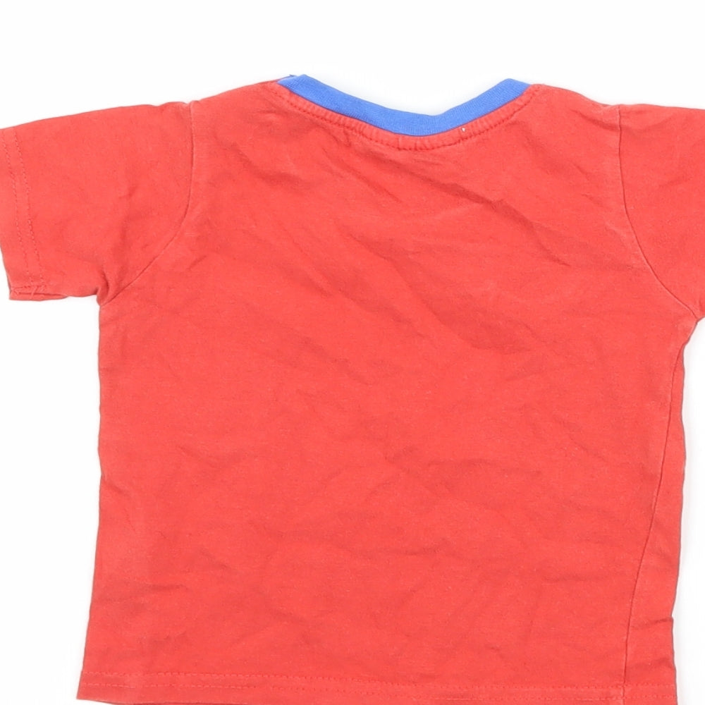 Brand and care label for Lily & Jack boys’ red basic t-shirt, size 12-18, months - dinosaur