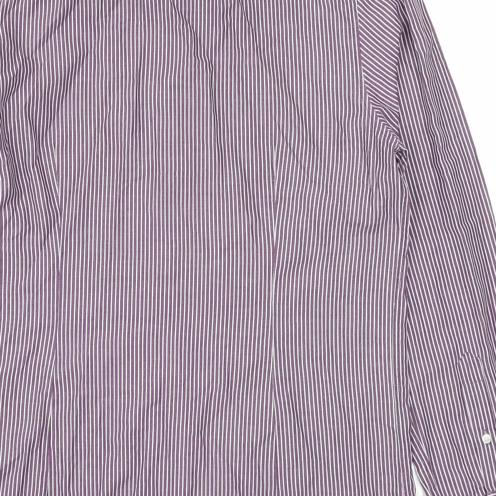 Brand and care label for Burton men’s purple striped button-up, size 14.5
