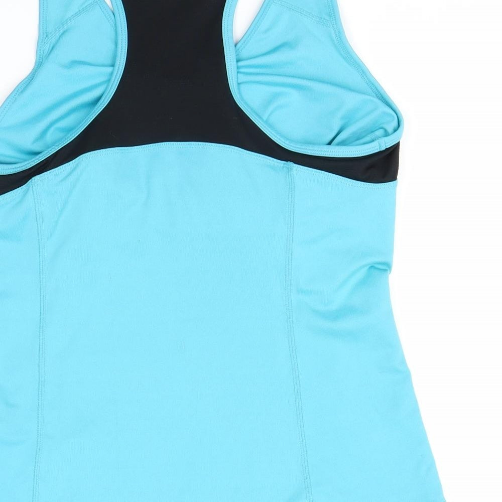 Brand and care label for pure simple women’s blue basic tank, size UK 12