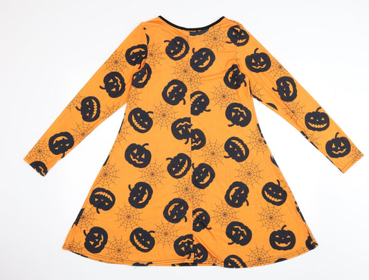 Miss Look Womens Orange T-Shirt Dress Size S - Pumpkins and Spider Webs