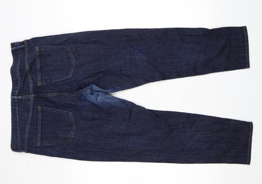 Back view of Uniqlo men’s blue straight jeans, size 30, in, 26-inch leg