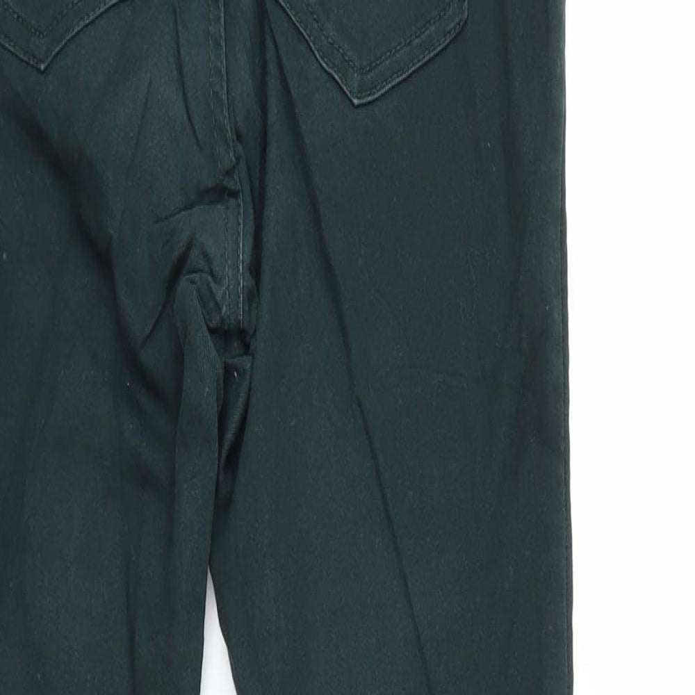 Brand and care label for Pull&Bear women’s green denim skinny jeans, size UK 8, 28-inch leg