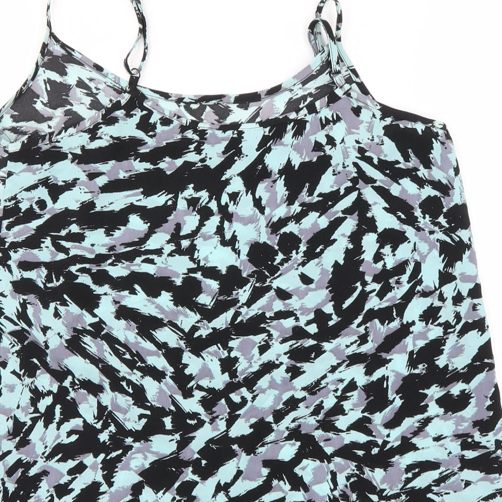 Brand and care label for Miss Selfridge women’s blue camouflage basic blouse, size UK 8