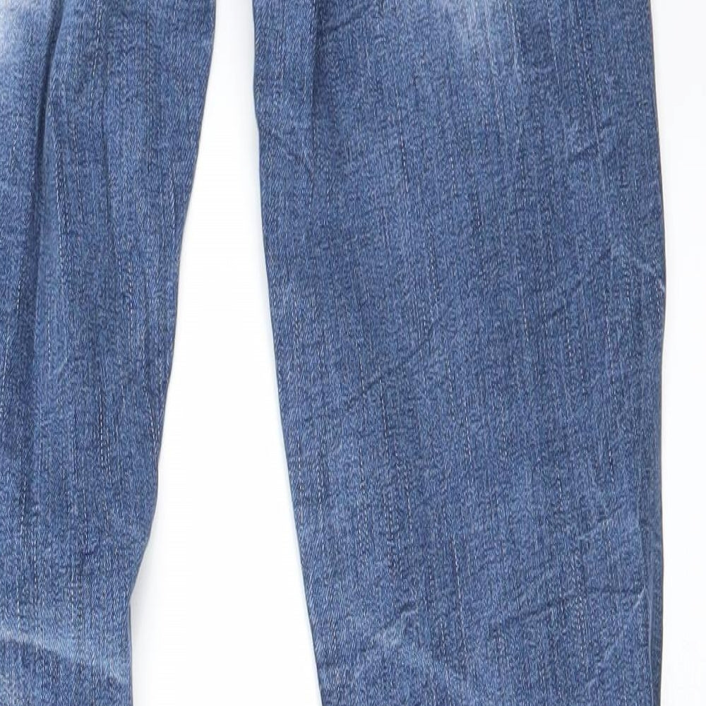 Brand and care label for women’s blue straight jeans, size L, 25-inch leg